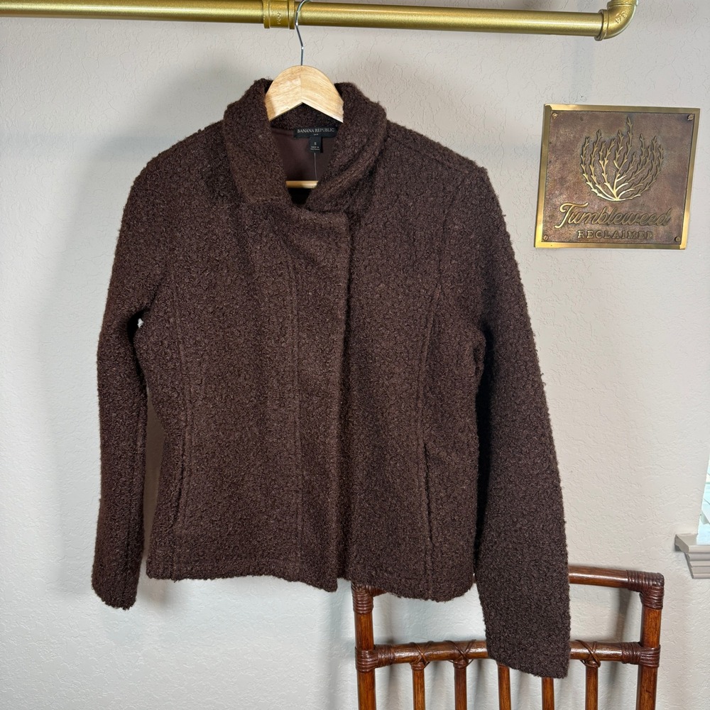 Banana Republic Womens Brown Boucle Knit Asymmetrical Snap Jacket Small S - Picture 2 of 7
